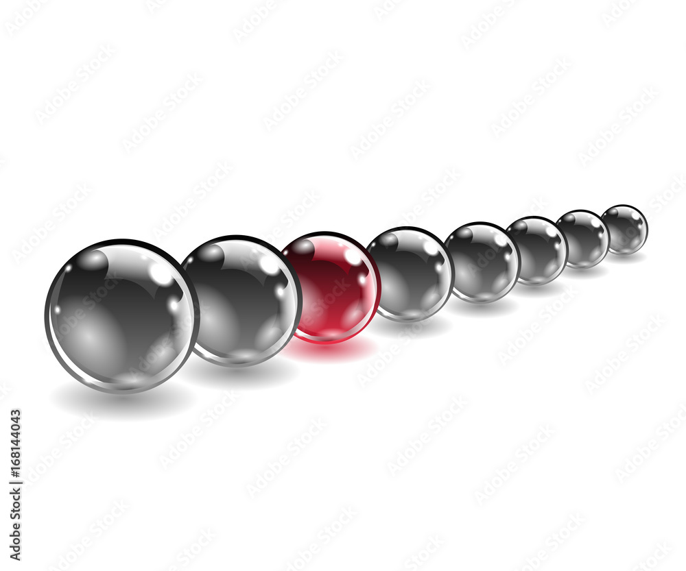 One red unique sphere came forward from a row of black spheres. Vector illustration. One red unique sphere came forward from a row of black spheres. Vector illustration.