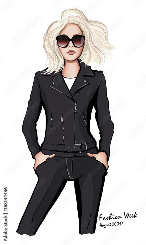 Fototapeta premium Attractive woman wearing leather jacket and sunglasses