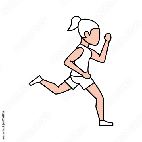 Flat line running woman with hint of color over white background vector illustration © Jemastock