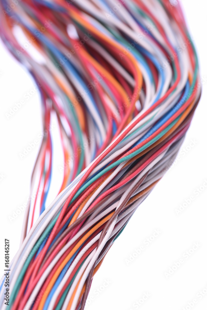 Colored cables on white background closeup Colored cables on white background closeup