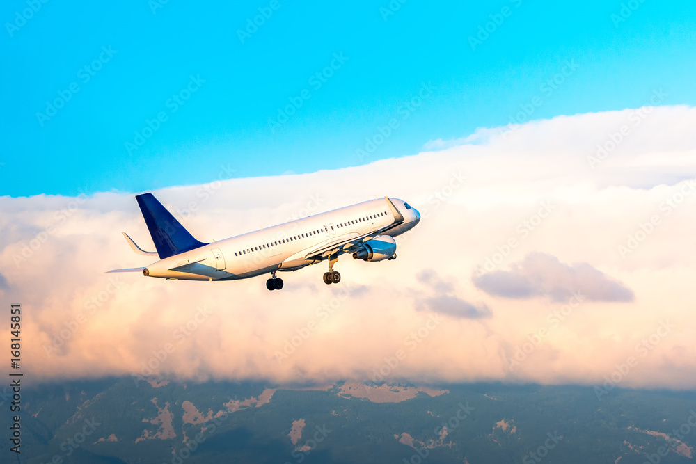 Naklejka premium Airplane flying in the sky above Sofia Bulgaria with clouds and mountains at the background