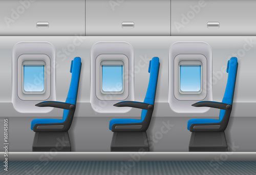 Passenger airplane vector interior. Aircraft indoor cabin with portholes and chairs seats. Vector illustration.