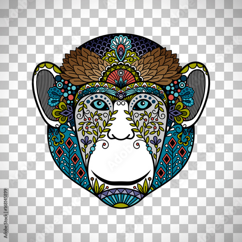 Monkey head totem with ethnic ornament