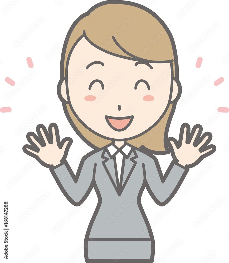 Illustration of a young woman in suit wearing her hands openly