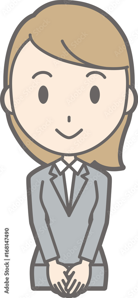Illustration of a young woman wearing a suit smiling with his hands in front Illustration of a young woman wearing a suit smiling with his hands in front