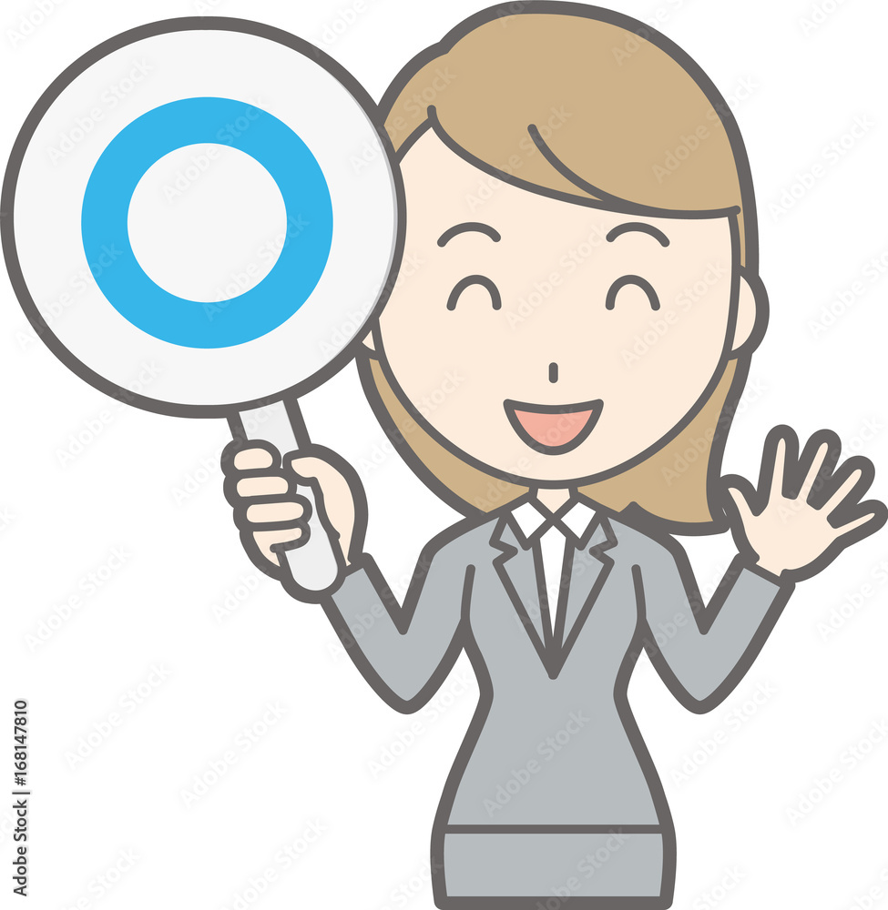 Illustration of a young woman wearing a suit holding a circle tag Illustration of a young woman wearing a suit holding a circle tag