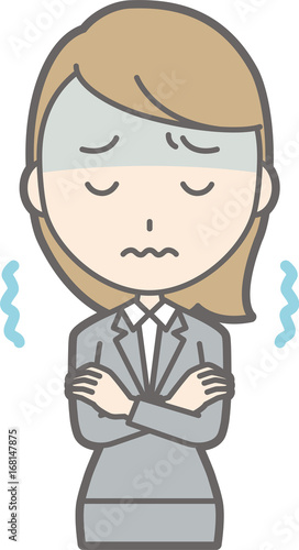 Illustration that a young woman in suit is cold and trembling