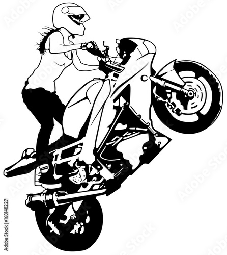 Motorbike Girl On The Rear Wheel - Black and White Illustration, Vector