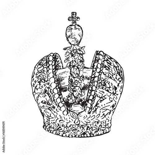 Emperor crown (Russian monarch), hand drawn doodle, sketch in woodcut style, black and white vector illustration