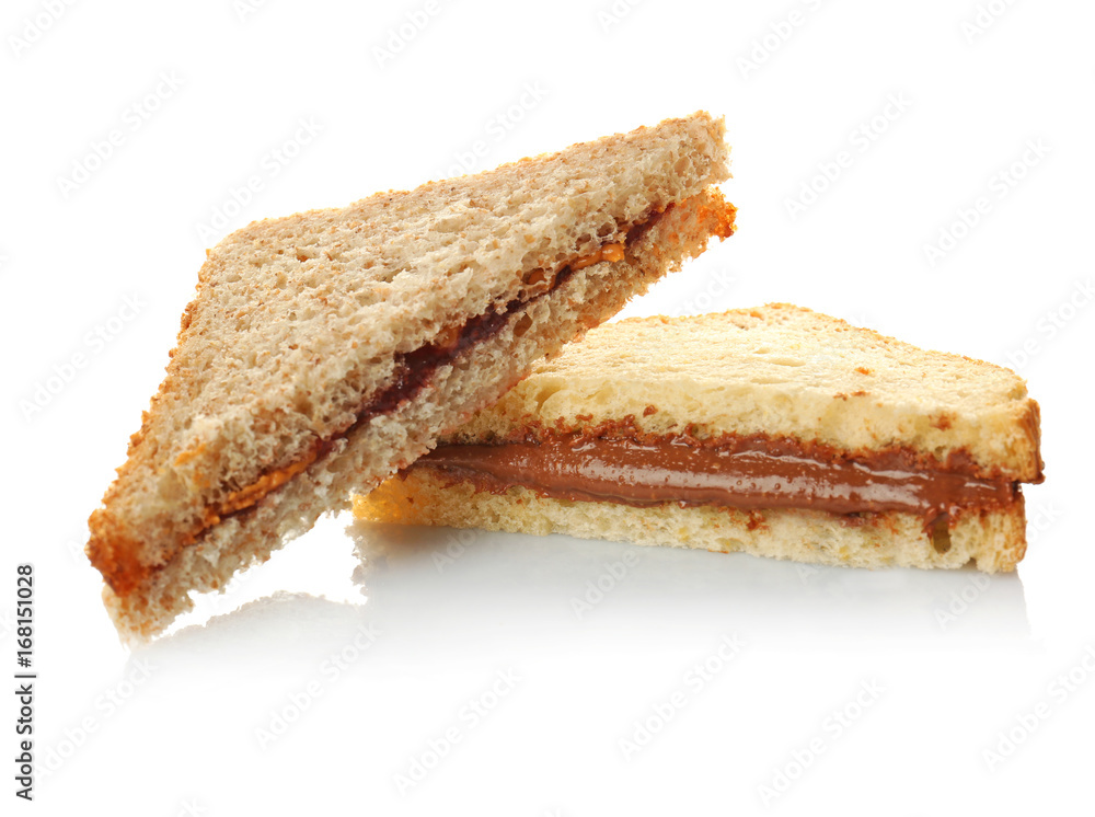 Tasty sandwiches with creamy peanut butter on white background Tasty sandwiches with creamy peanut butter on white background