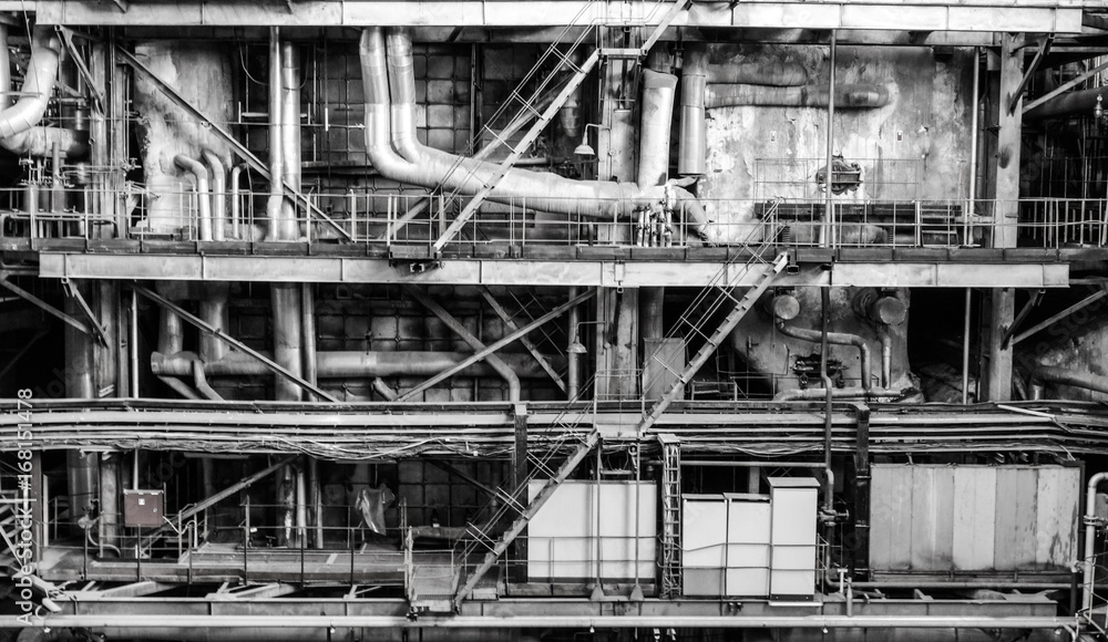 Electric power plant with piping black and white