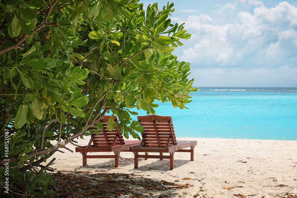 Obraz premium Sun loungers on beach at sea resort