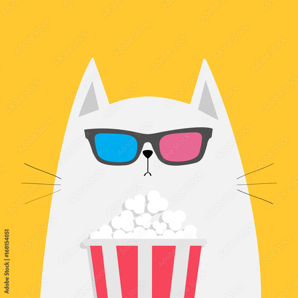 White cat eating popcorn. Cinema theater. Cute cartoon funny character. Film  show. Kitten watching movie in 3D glasses. Yellow background. Isolated.  Flat design Stock Vector | Adobe Stock