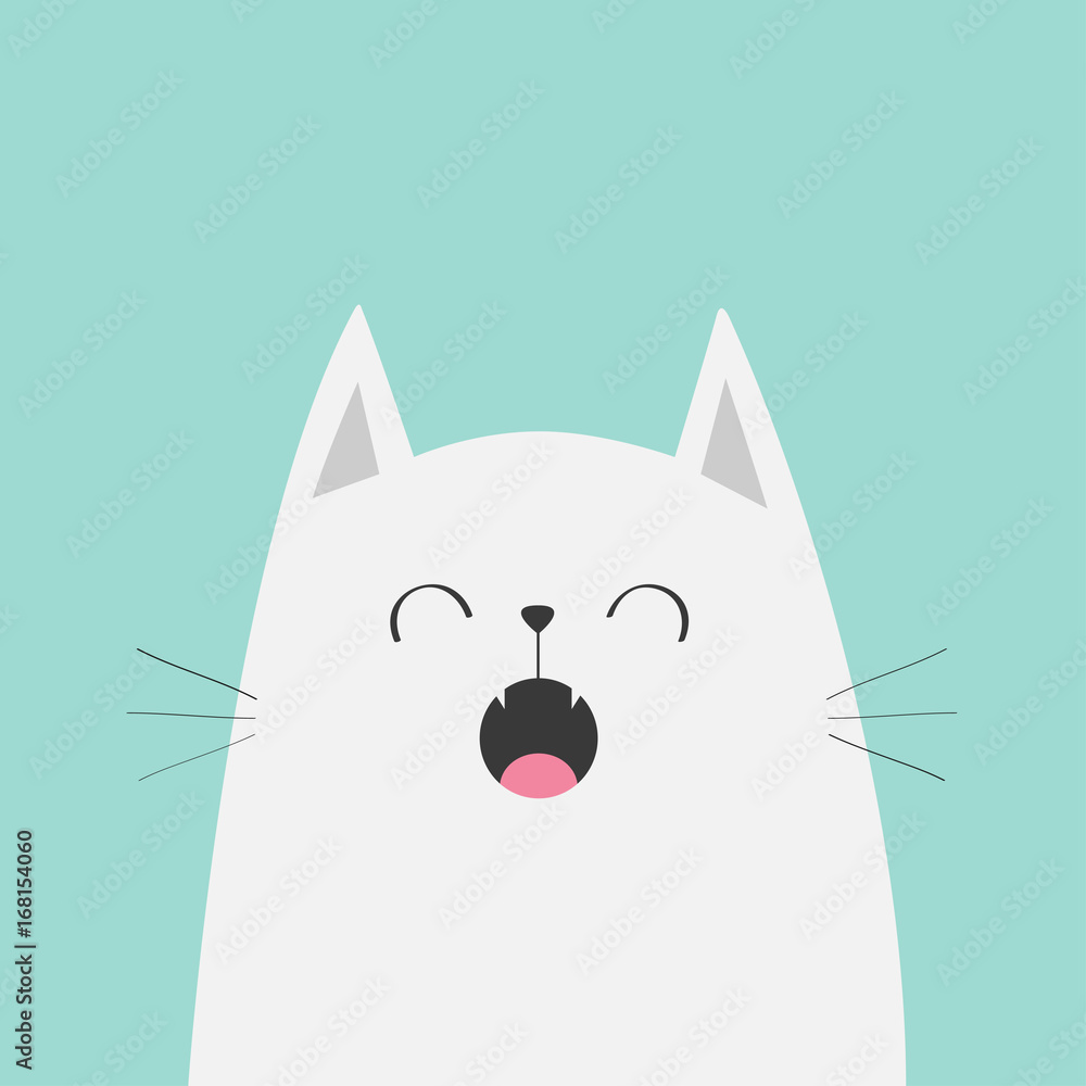 White cat face head silhouette meowing singing song. Cute cartoon funny  character. Kawaii animal. Baby card. Pet collection. Flat design style.  Blue background. Isolated. Stock Vector | Adobe Stock