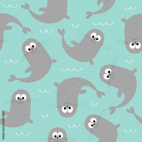 Seamless Pattern. Sea lion. Harp seal pup. Cute cartoon character. Happy animal collection. Sea ocean water wave. Wrapping paper, textile template. Blue background. Flat design