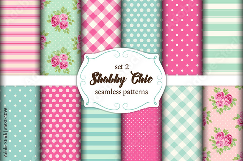 Set of 12 cute seamless Shabby Chic patterns with roses, polka dots. stripes and plaid
