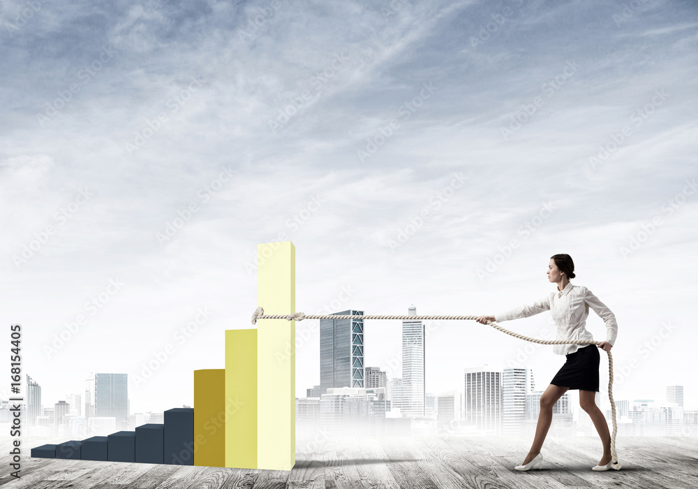 Businesswoman pulling arrow with rope and making it raise up Businesswoman pulling arrow with rope and making it raise up