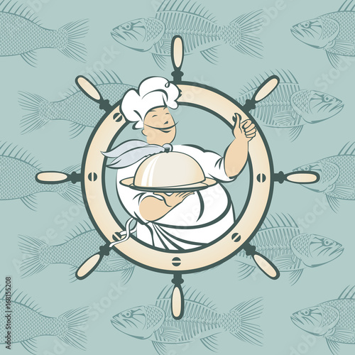 Vector banner for seafood with a handwheel and a smiling chef with the dish on the tray on the background from fish in the sea