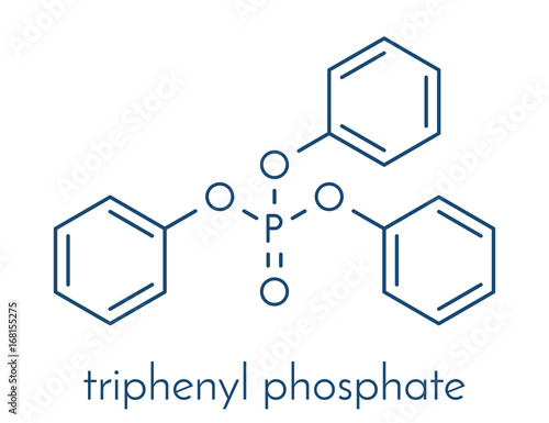 Triphenyl phosphate molecule. Used as flame retardant and plasticizer. Skeletal formula.