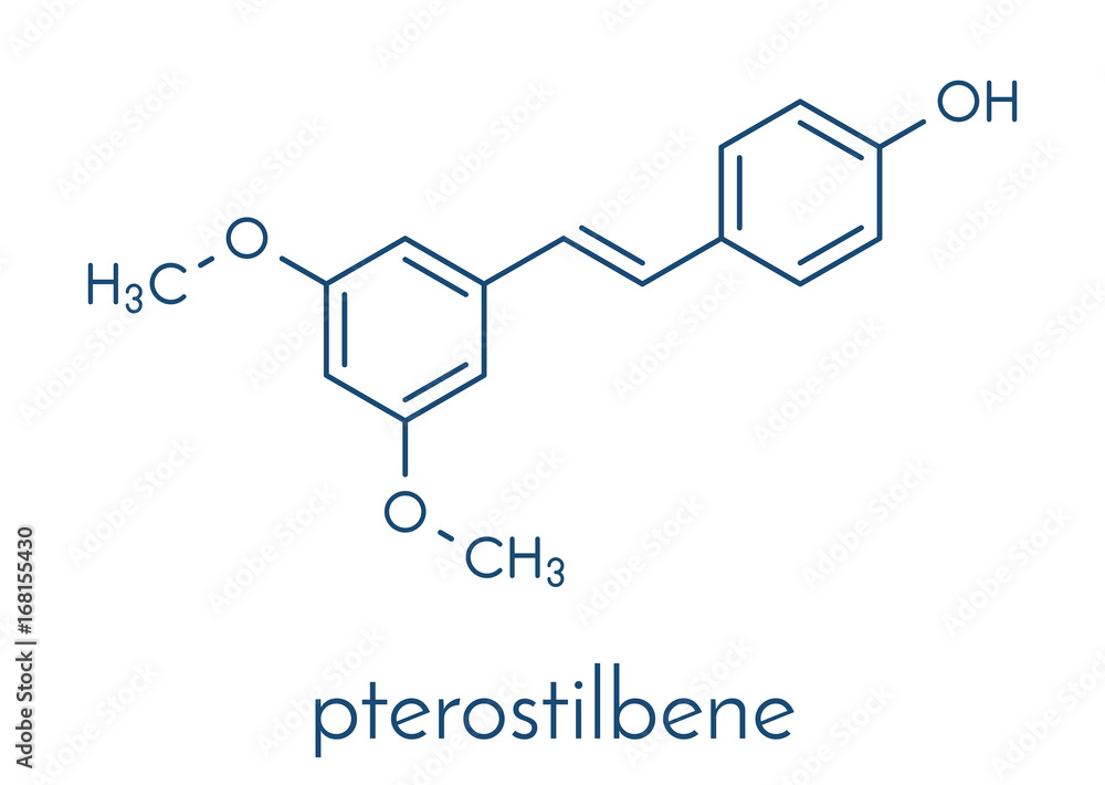 Pterostilbene molecule. Skeletal formula. Pterostilbene molecule. Skeletal formula.