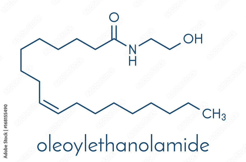 Oleoylethanolamide (OEA) endogenous peroxisome proliferator-activated receptor alpha (PPAR-α) agonist molecule. Skeletal formula. Oleoylethanolamide (OEA) endogenous peroxisome proliferator-activated receptor alpha (PPAR-α) agonist molecule. Skeletal formula.