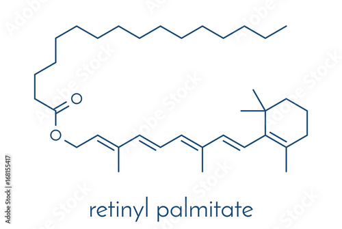 Retinyl palmitate vitamin supplement molecule. Ester of vitamin A (retinol) and palmitic acid. Skeletal formula.