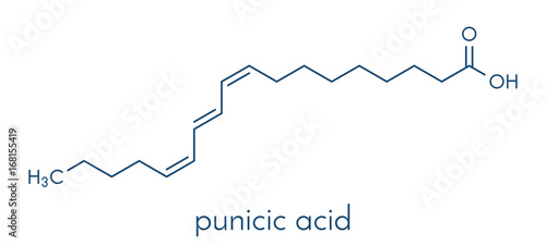 Punicic acid (trichosanic acid) molecule. Fatty acid present in pomegranate (Punica granatum). Skeletal formula.