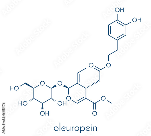 Oleuropein olive component molecule. In part responsible for pungency of virgin olive oil, may have beneficial properties. Skeletal formula.