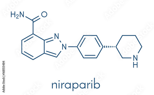Niraparib cancer drug molecule (PARP inhibitor). Skeletal formula.