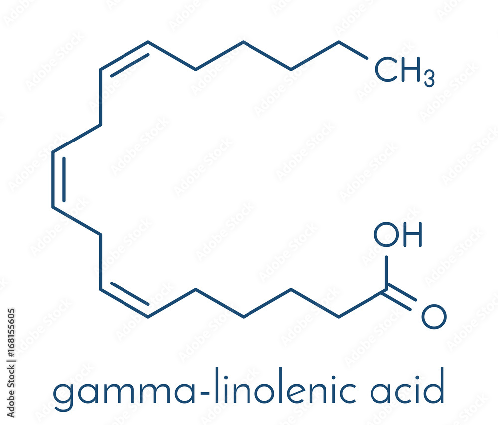 Gamma-linolenic acid (GLA, gamolenic acid) molecule. Omega-6 fatty acid  present in many vegetable oils, including evening primrose, chia, hemp and  borage seed oils. Skeletal formula. Stock Vector | Adobe Stock