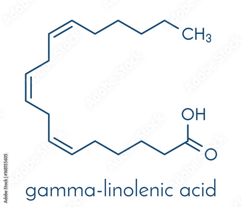 Gamma-linolenic acid (GLA, gamolenic acid) molecule. Omega-6 fatty acid present in many vegetable oils, including evening primrose, chia, hemp and borage seed oils. Skeletal formula.