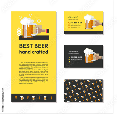 Branding, business cards and a flyer. Best beer hand crafted.  A mug of beer in hand.