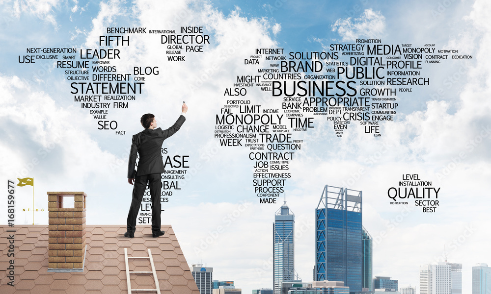Businessman on brick roof draw world map as concept of globalization. Mixed media Businessman on brick roof draw world map as concept of globalization. Mixed media