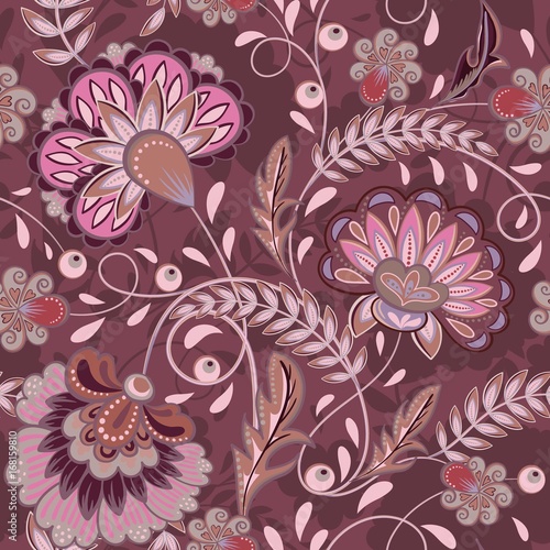 Fototapeta Naklejka Na Ścianę i Meble -  Floral pattern Flourish tiled oriental ethnic background. Purple arabic ornament with fantastic flowers and leaves. Wonderland motives of the paintings of ancient Indian fabric patterns