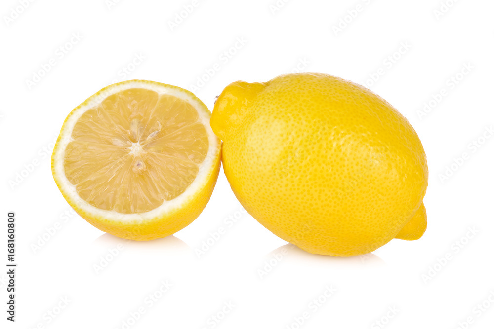 whole and half cut fresh lemon on white background