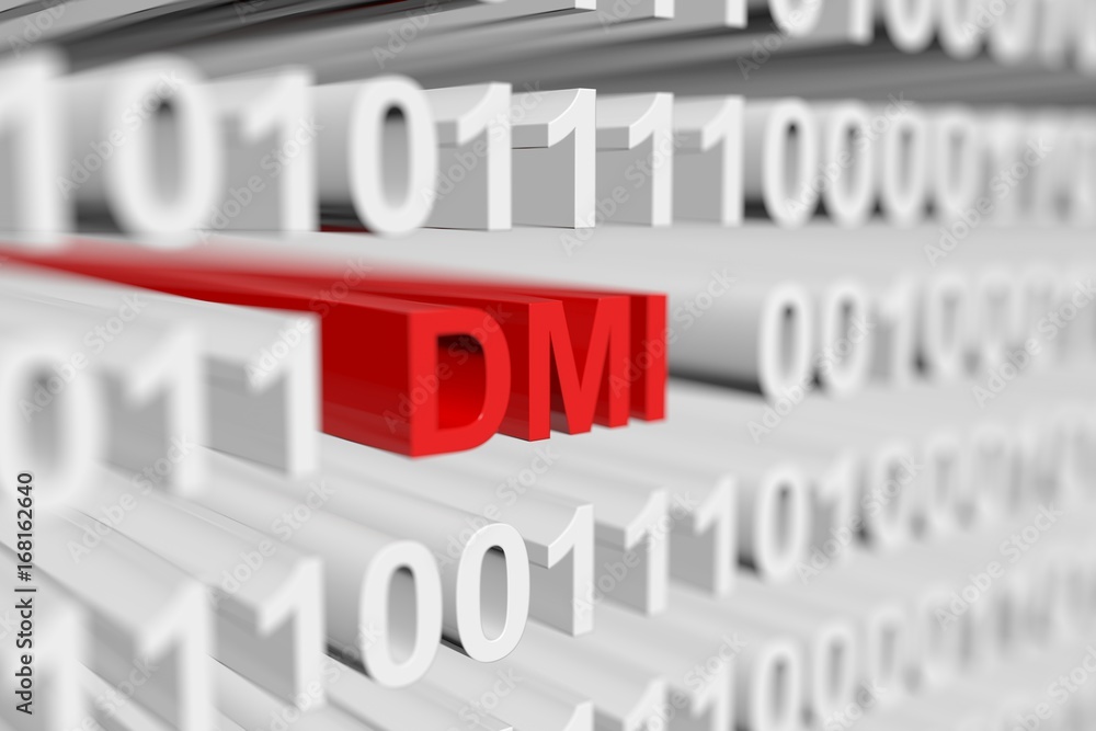DMI in binary code with blurred background 3D illustration