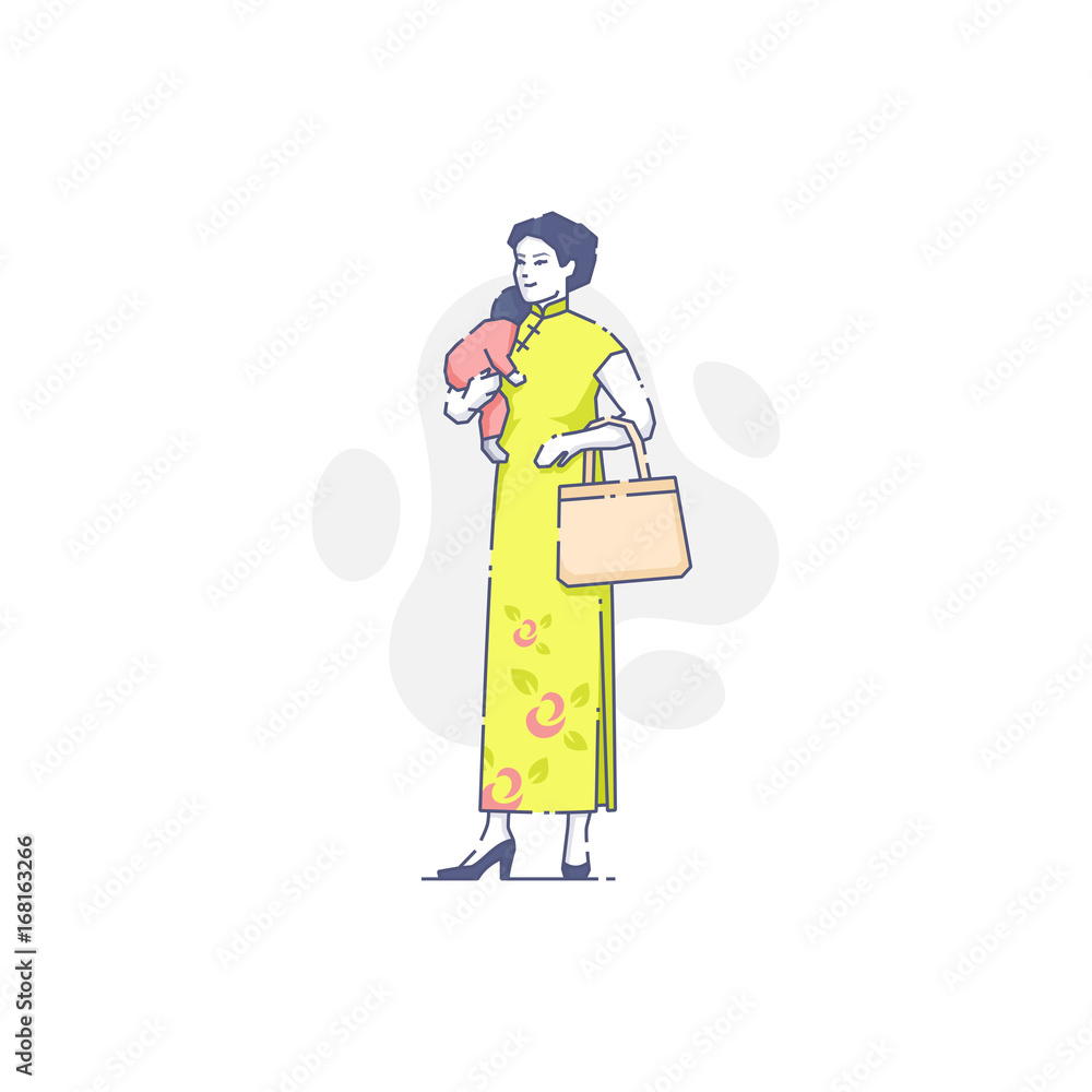 Asian woman with sleeping baby on her hand Asian woman with sleeping baby on her hand