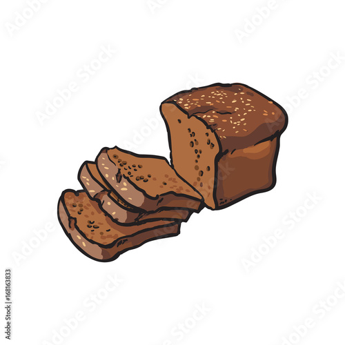 vector sketch fresh dark brown sliced rye bread . Detailed hand drawn isolated illustration on a white background. Flour pastry products, bakery banner, poster design object