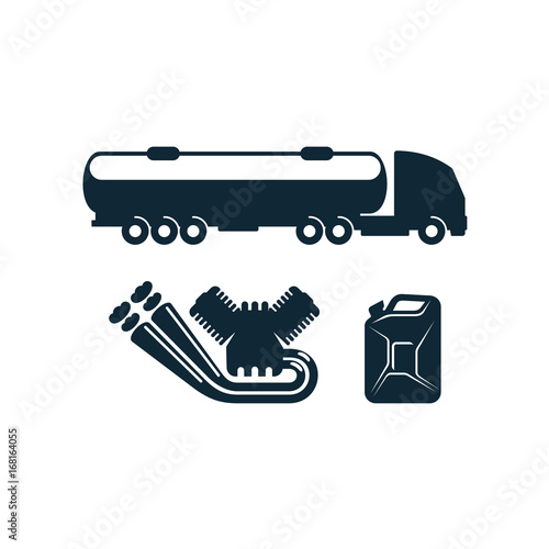 vector gasoline tanker truck vehicle petroleum engine, canister set simple flat icon pictogram isolated on a white background. Gas oil fuel, energy power industry symbol, sign