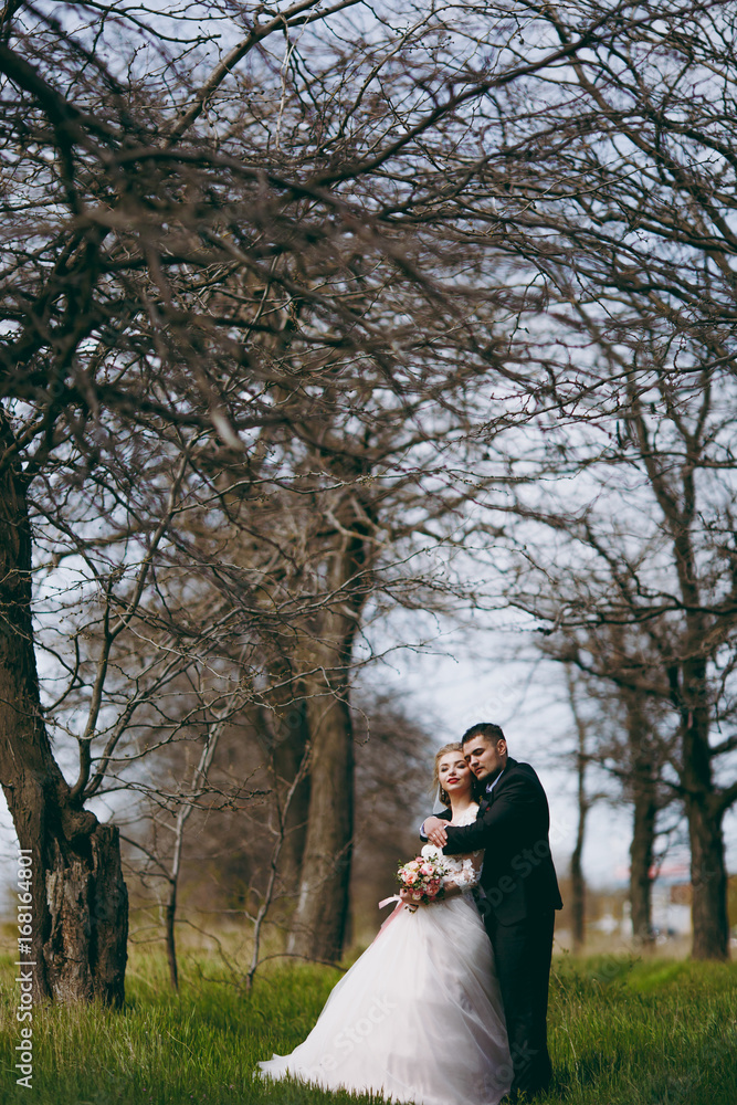Beautiful bride and groom couple walking at the wedding Beautiful bride and groom couple walking at the wedding