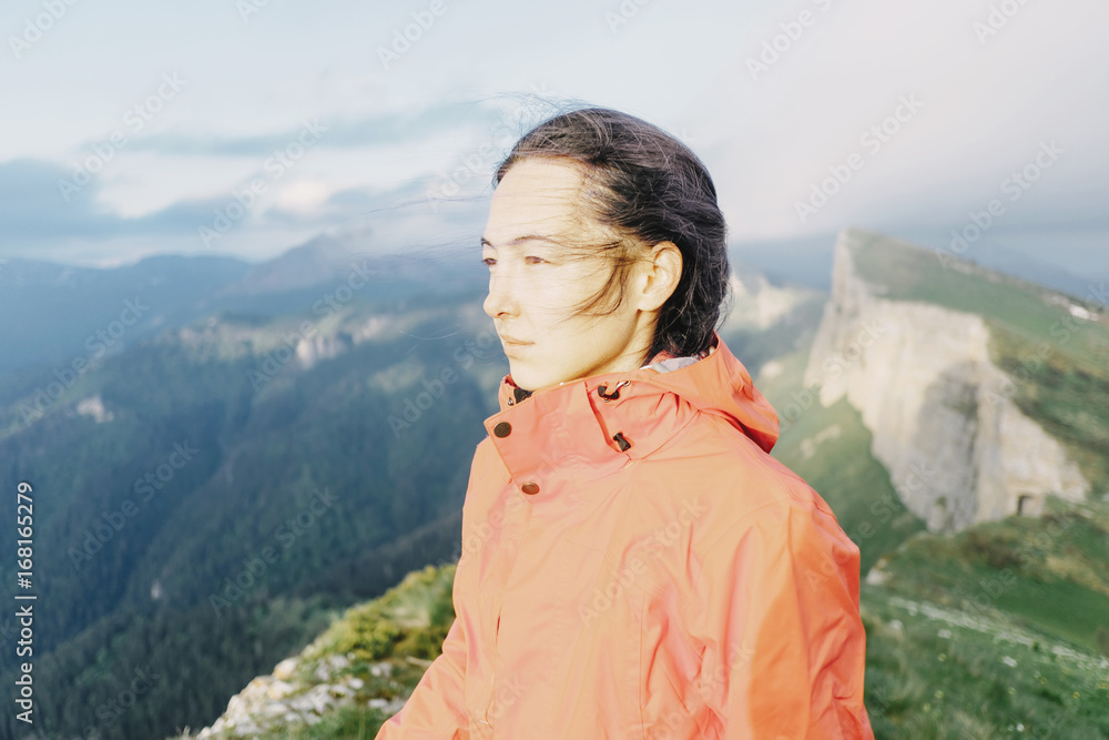 Naklejka premium Portrait of hiker young woman.
