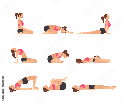 Yoga poses for better sleep. Vector illustrations with woman in sport bra and shorts doing asanas from insomnia and relaxing. Healthy poster in flat vector design. On white isolated background.