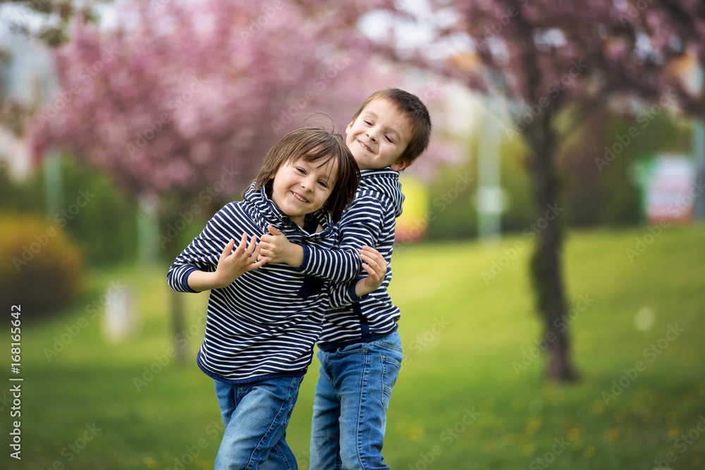 Two children, brothers, fighting in a park Two children, brothers, fighting in a park