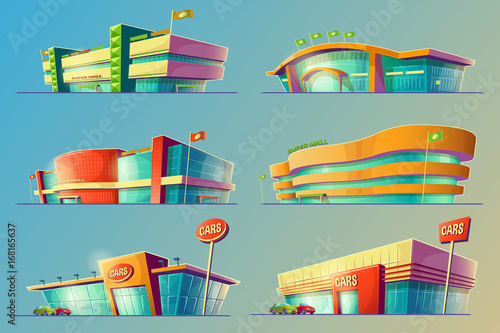 Set of vector cartoon illustrations, various supermarket buildings, shops and car dealership. Icons of modern large malls, stores. Print, template, design element
