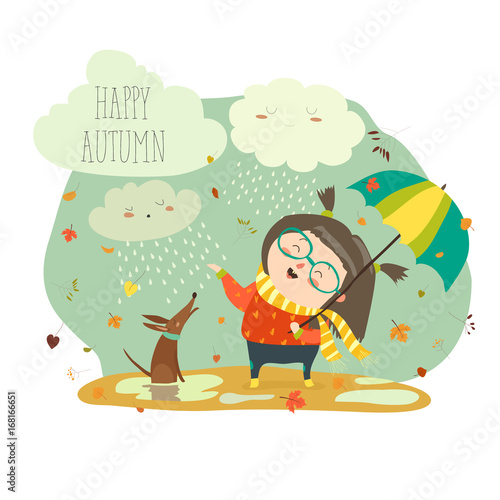 Cute girl playing in rain with umbrella