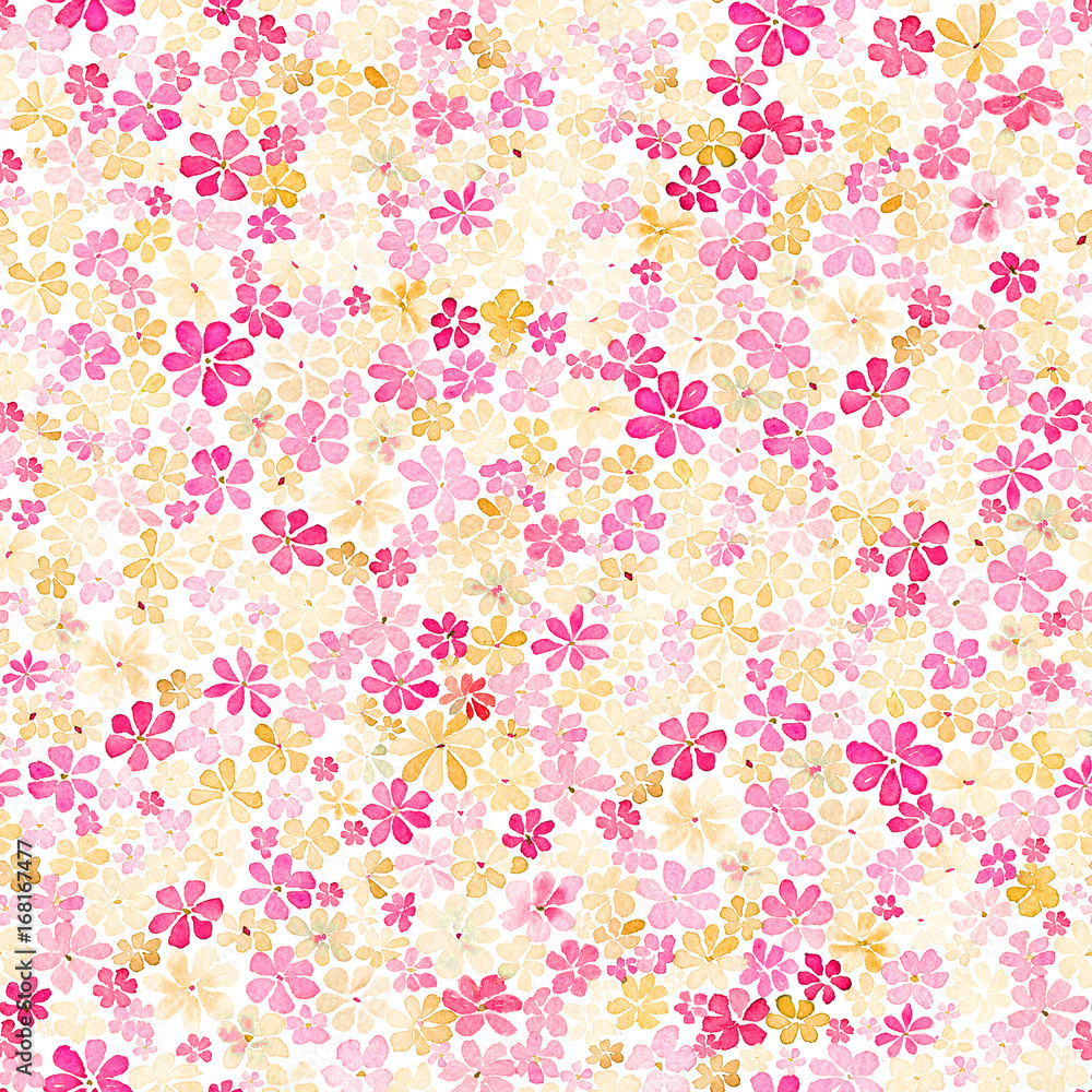 Seamless pattern with small pink, crimson and yellow flowers. Watercolor painting.