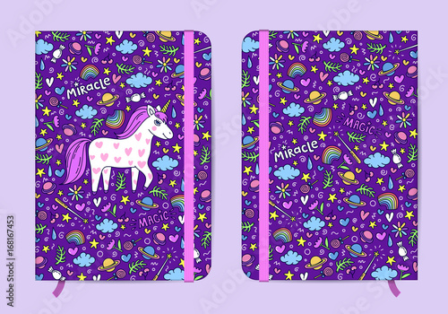 Violet copybook template with elastic band and bookmark with Cute handdrawn unicorn pattern. Unicorn and magic stuff. Girls note, magic diary. Miracle and magic creature.