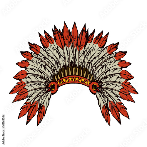 Native American with feathers. Vector drawing