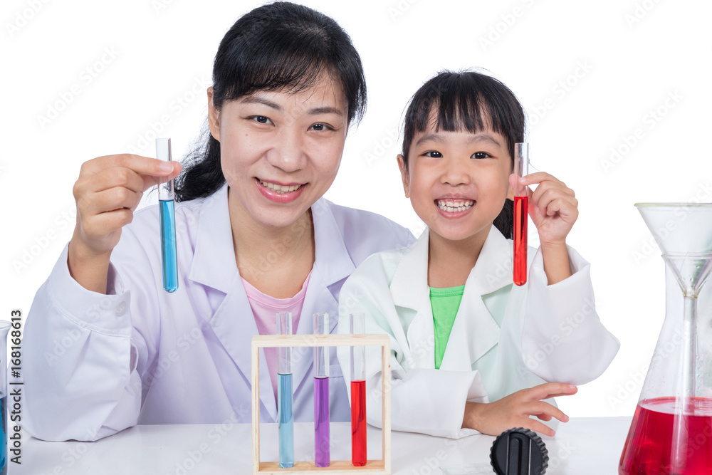 Asian Chinese teacher and little student girl working with test tube Asian Chinese teacher and little student girl working with test tube