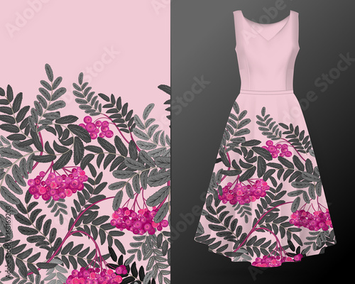 Vertical autumn rowanberry seamless pattern on summer dress mock up. Detailed intricate hand drawing background. Chaotic distribution of elements. Pink and gray. EPS10 vector illustration.